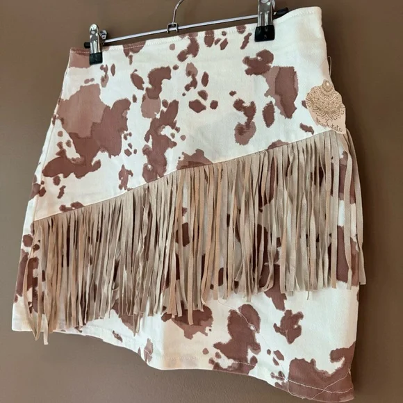 Altar’d State Brown Cow Print Fringe Mini Skirt Cowgirl Festival M NWT - Picture 2 of 9